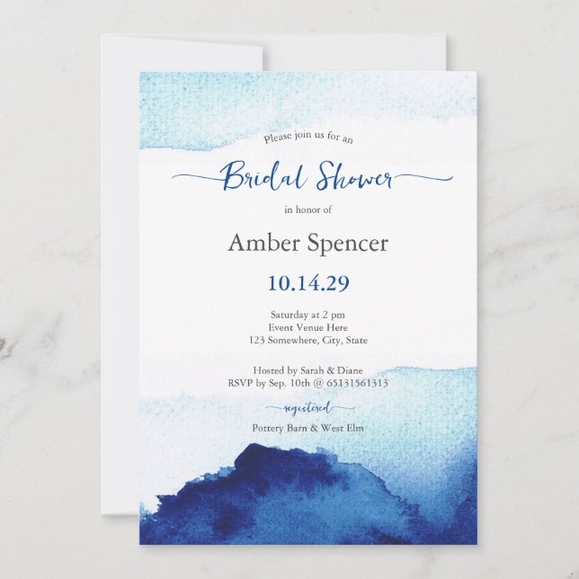 Modern Watercolor Indigo Blue Bridal Shower Invitation (Front)