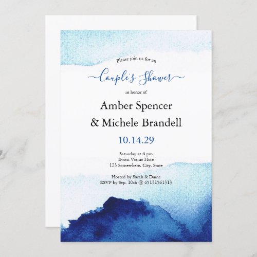 Modern Watercolor Indigo Blue Couples Shower Invitation