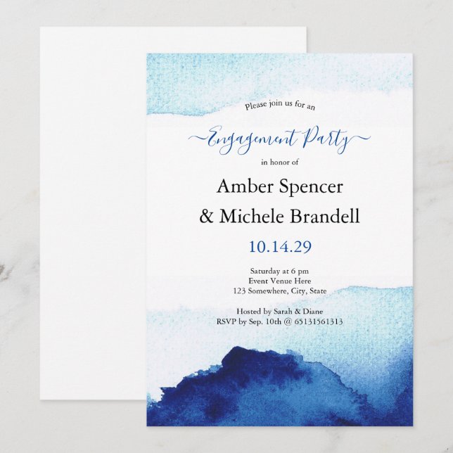 Modern Watercolor Indigo Blue Engagement Party Invitation (Front/Back)