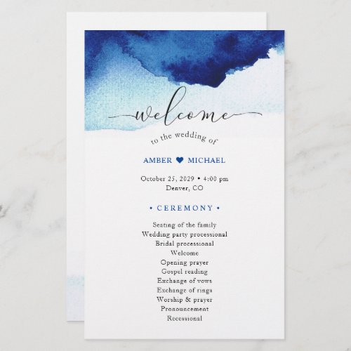 Modern Watercolor Indigo Blue Wedding Program