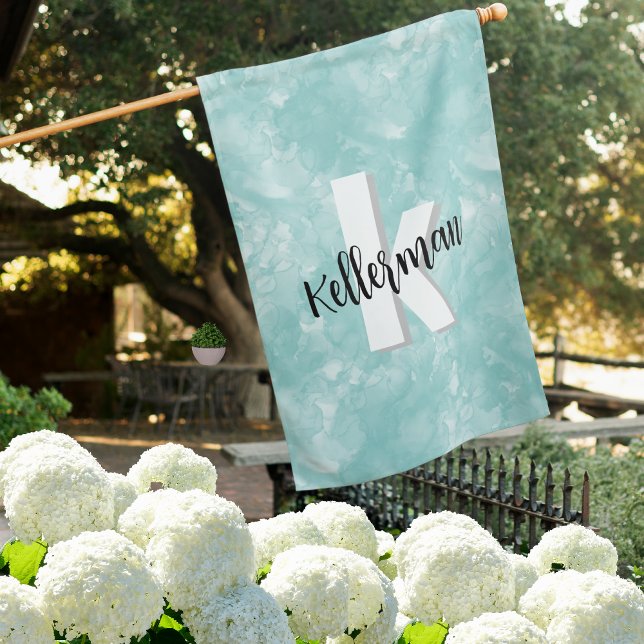 Modern Watercolor Initial Monogram House Flag (Cute Modern Teal Turquoise Watercolor Monogram House Flag)