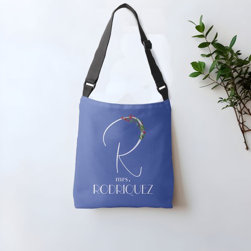 Modern watercolor initial name R teacher blue Crossbody Bag