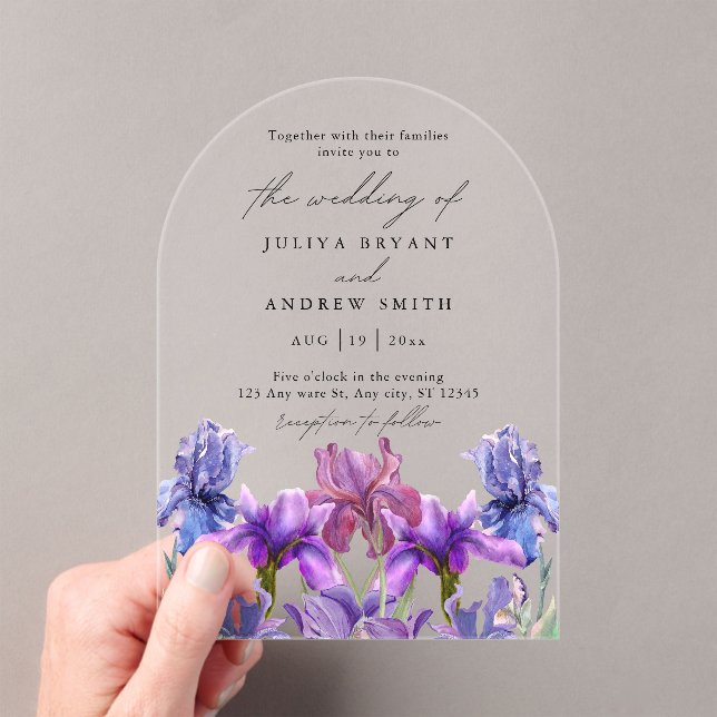 Modern watercolor Iris floral script wedding Acrylic Invitations (Insitu (Handheld))