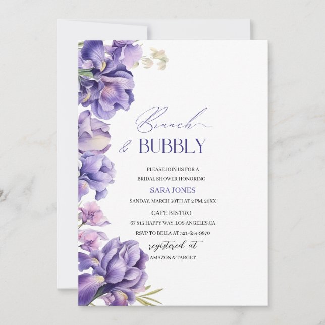 Modern Watercolor Iris Lilac Bridal Shower Brunch  Invitation (Front)