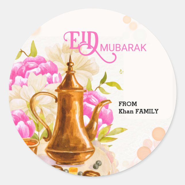 Modern watercolor Islamic kettle Eid mubarak Classic Round Sticker (Front)