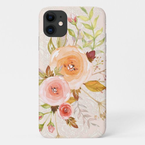 Modern Watercolor Ivory n Pink Floral Rose Foliage iPhone 11 Case