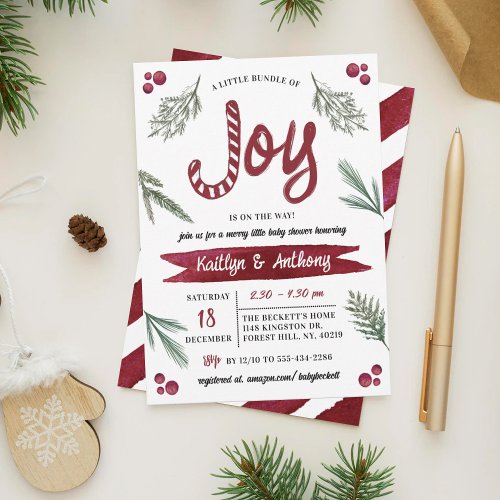 Modern Watercolor Joy Candy Cane Baby Shower Invitation