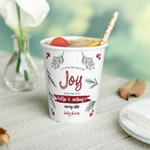 Modern Watercolor "Joy" Candy Cane Baby Shower Paper Cups