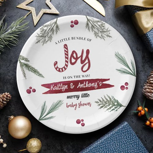 Modern Watercolor Joy Candy Cane Baby Shower Paper Plates