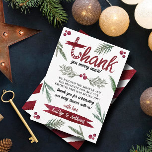 Modern Watercolor "Joy" Candy Cane Baby Shower Thank You Card