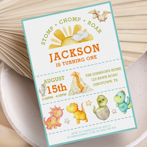 Modern Watercolor Kids Dinosaur 1st Birthday Invitation