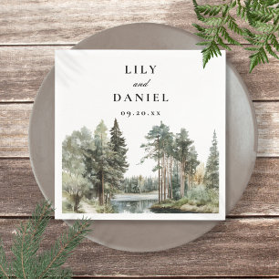 Modern Watercolor Lake Forest Woodland Wedding Napkins