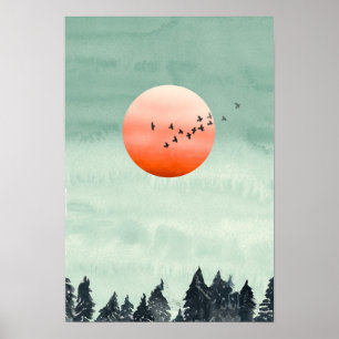 Modern Watercolor Landscape Sunset Birds Trees Po Poster