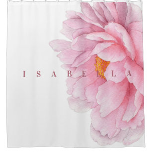 Modern Watercolor Large Peony Personalized Name Shower Curtain