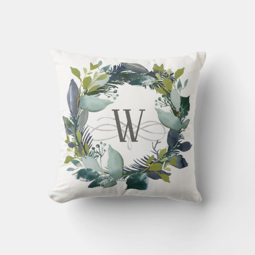 Modern Watercolor Laurel Wreath Monogram Initial Throw Pillow