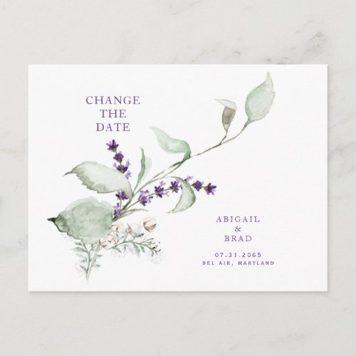 Modern Watercolor Lavender Wedding Change the Date Announcement Postcard