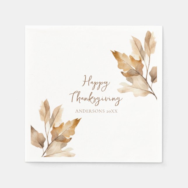 Modern Watercolor Leaf Thanksgiving Napkins (Front)