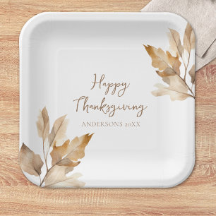 Modern Watercolor Leaf Thanksgiving Paper Plates