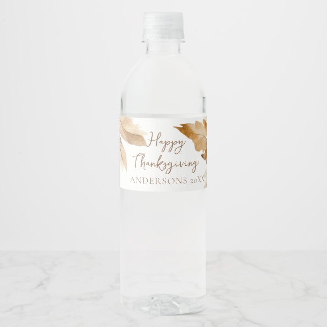 Modern Watercolor Leaf Thanksgiving Water Bottle Label (Front)