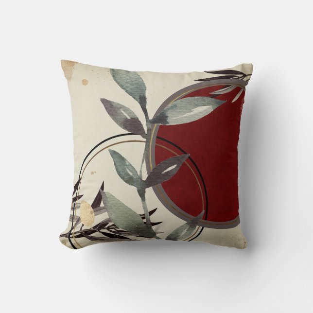 Modern Watercolor Leaves | Cream & Burgundy Throw Pillow (Front)