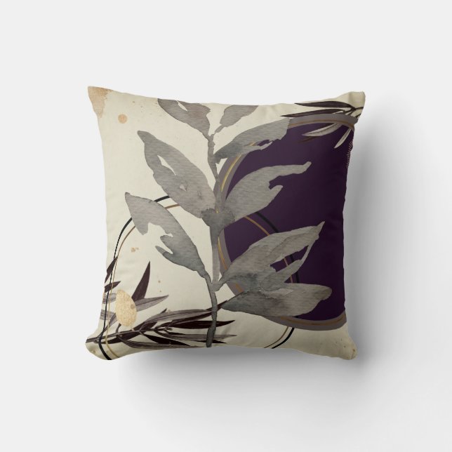 Modern Watercolor Leaves | Eggplant Throw Pillow (Front)