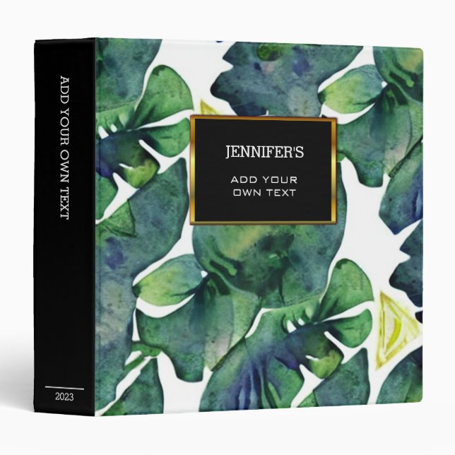 Modern watercolor leaves gold black monogrammed 3 ring binder (Front/Spine)