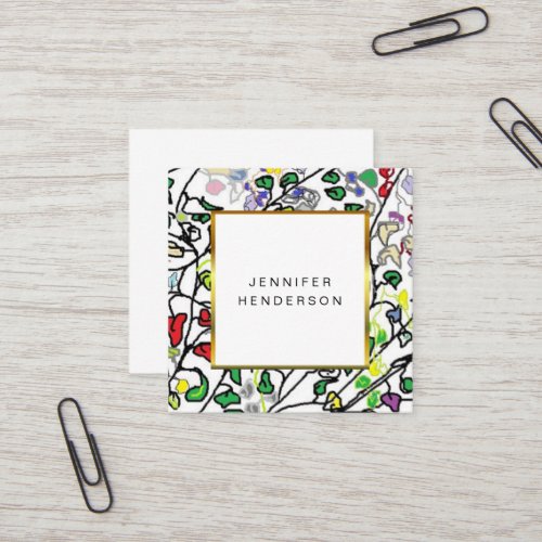 Modern watercolor leaves gold frame professional square business card
