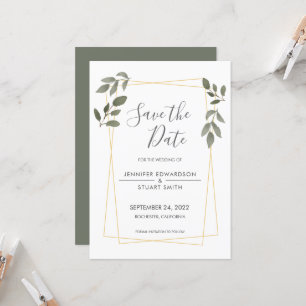 Modern watercolor leaves gold frame Save the Date Invitation
