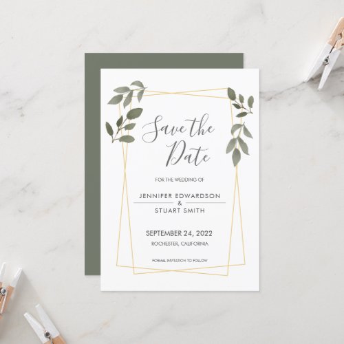 Modern watercolor leaves gold frame Save the Date  Invitation