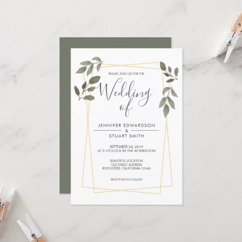 Modern watercolor leaves gold frame Wedding Invitation