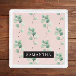 Modern Watercolor Leaves Pattern With Name Acrylic Tray