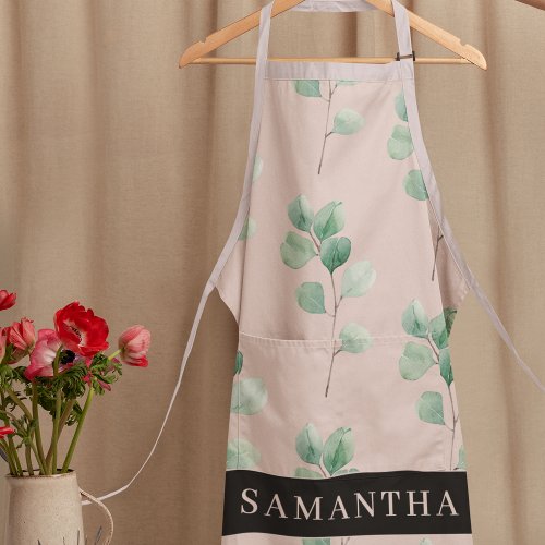 Modern Watercolor Leaves Pattern With Name Apron