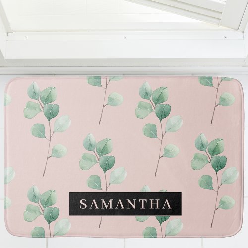 Modern Watercolor Leaves Pattern With Name Bath Mat