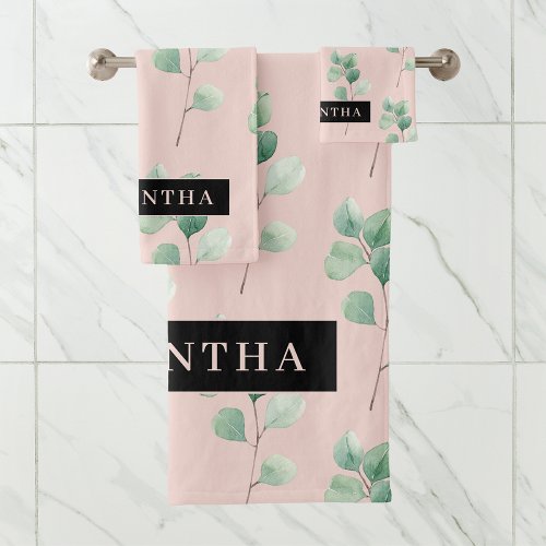 Modern Watercolor Leaves Pattern With Name Bath Towel Set