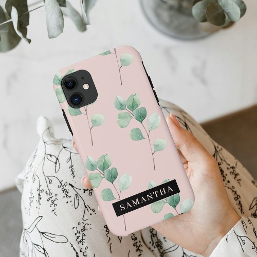 Modern Watercolor Leaves Pattern With Name iPhone 11 Case