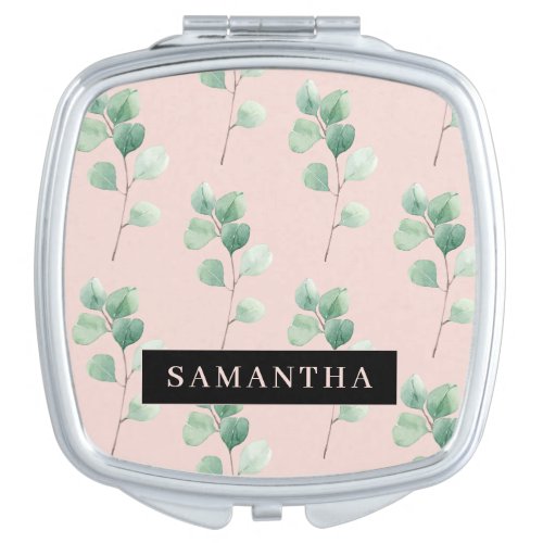 Modern Watercolor Leaves Pattern With Name Compact Mirror