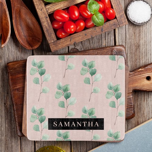 Modern Watercolor Leaves Pattern With Name Cutting Board