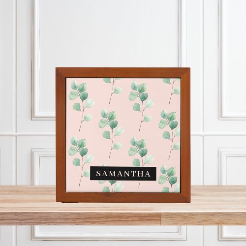 Modern Watercolor Leaves Pattern With Name Desk Organizer