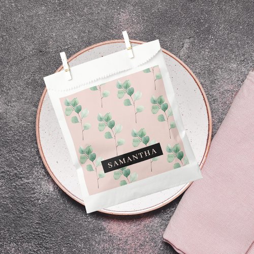Modern Watercolor Leaves Pattern With Name Favor Bag
