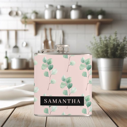 Modern Watercolor Leaves Pattern With Name Flask