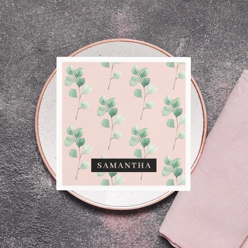 Modern Watercolor Leaves Pattern With Name Napkins