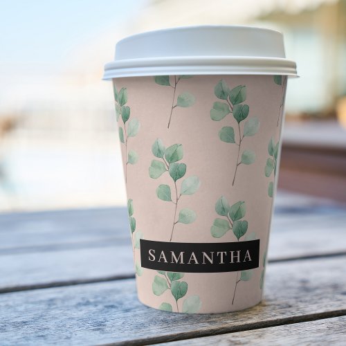 Modern Watercolor Leaves Pattern With Name Paper Cups