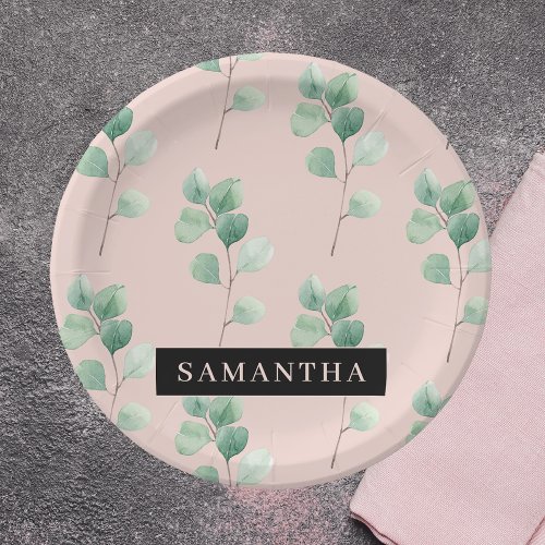 Modern Watercolor Leaves Pattern With Name Paper Plates