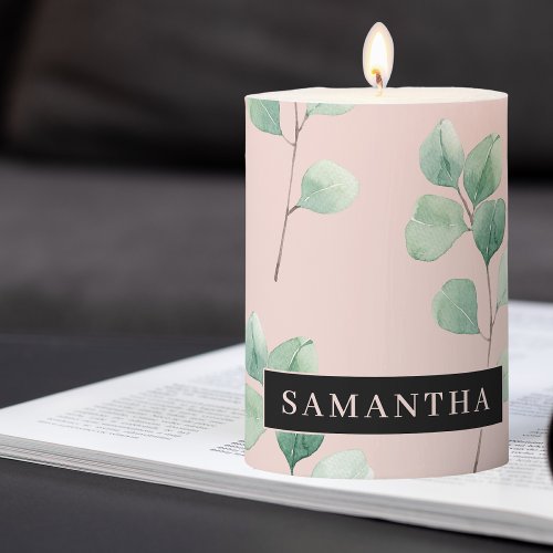 Modern Watercolor Leaves Pattern With Name Pillar Candle