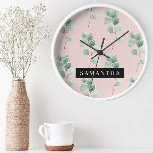 Modern Watercolor Leaves Pattern With Name Round Clock
