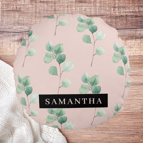 Modern Watercolor Leaves Pattern With Name Round Pillow