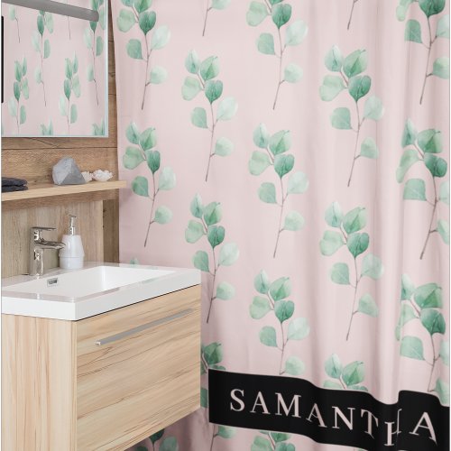 Modern Watercolor Leaves Pattern With Name Shower Curtain