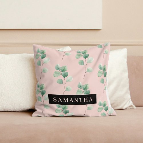 Modern Watercolor Leaves Pattern With Name Throw Pillow