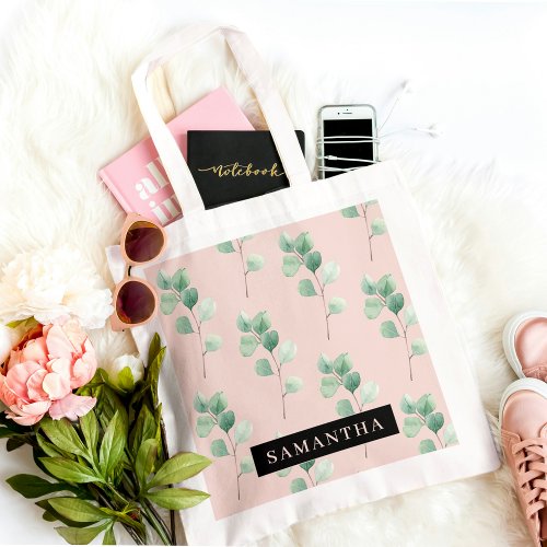Modern Watercolor Leaves Pattern With Name Tote Bag