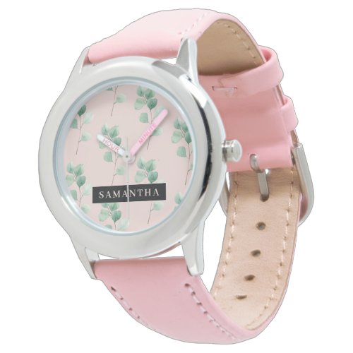 Modern Watercolor Leaves Pattern With Name Watch